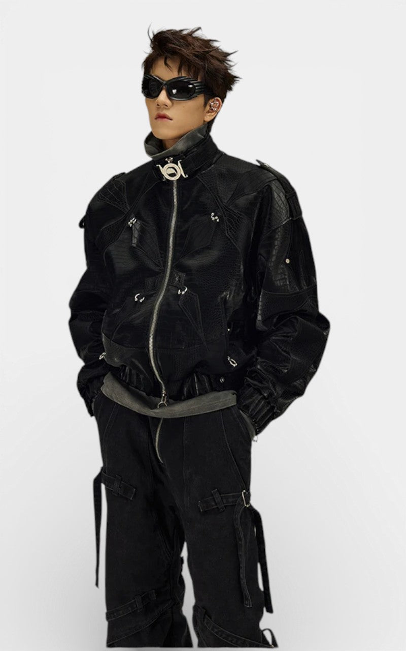 Crocodile Print PU Leather Jacket