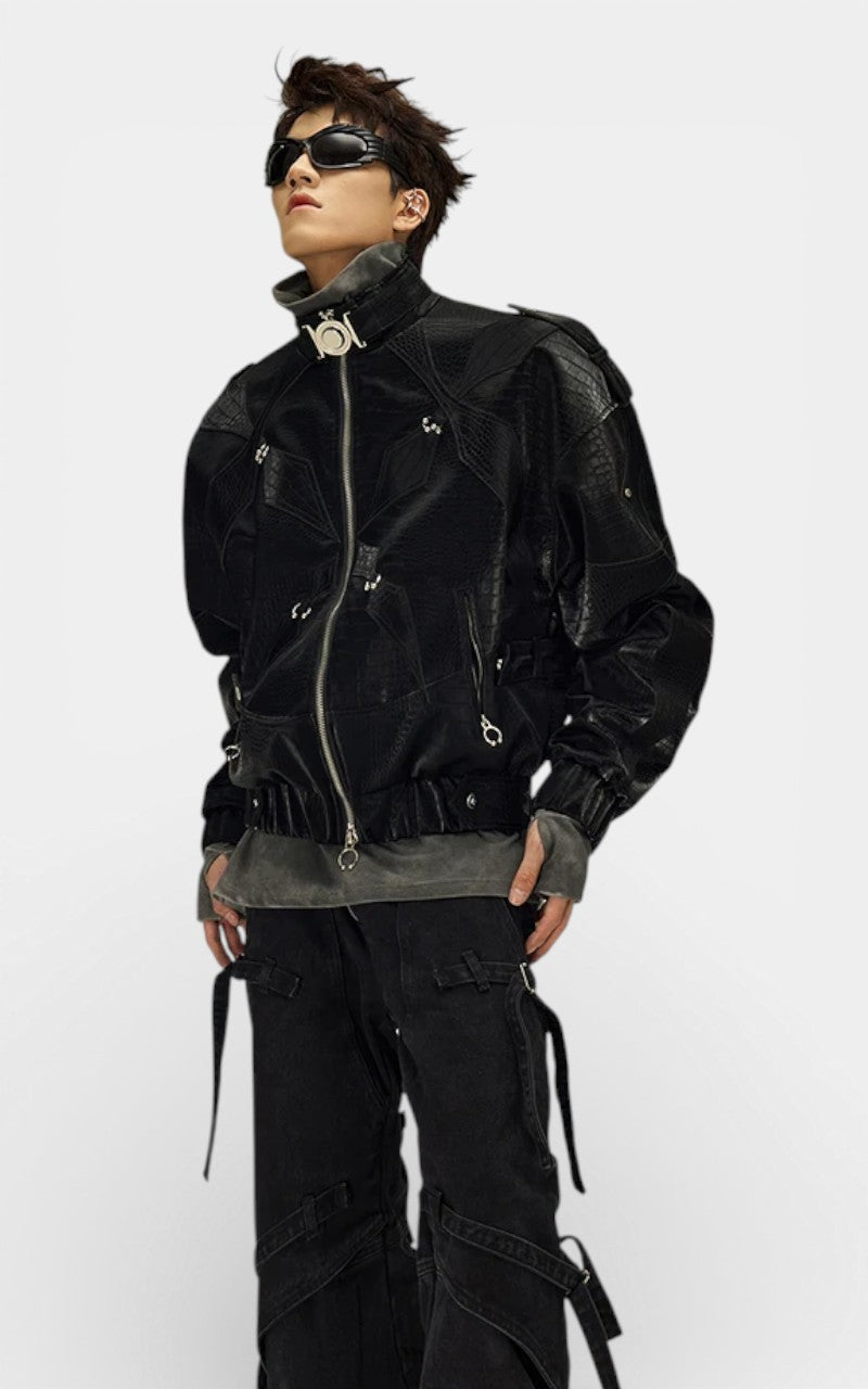 Crocodile Print PU Leather Jacket