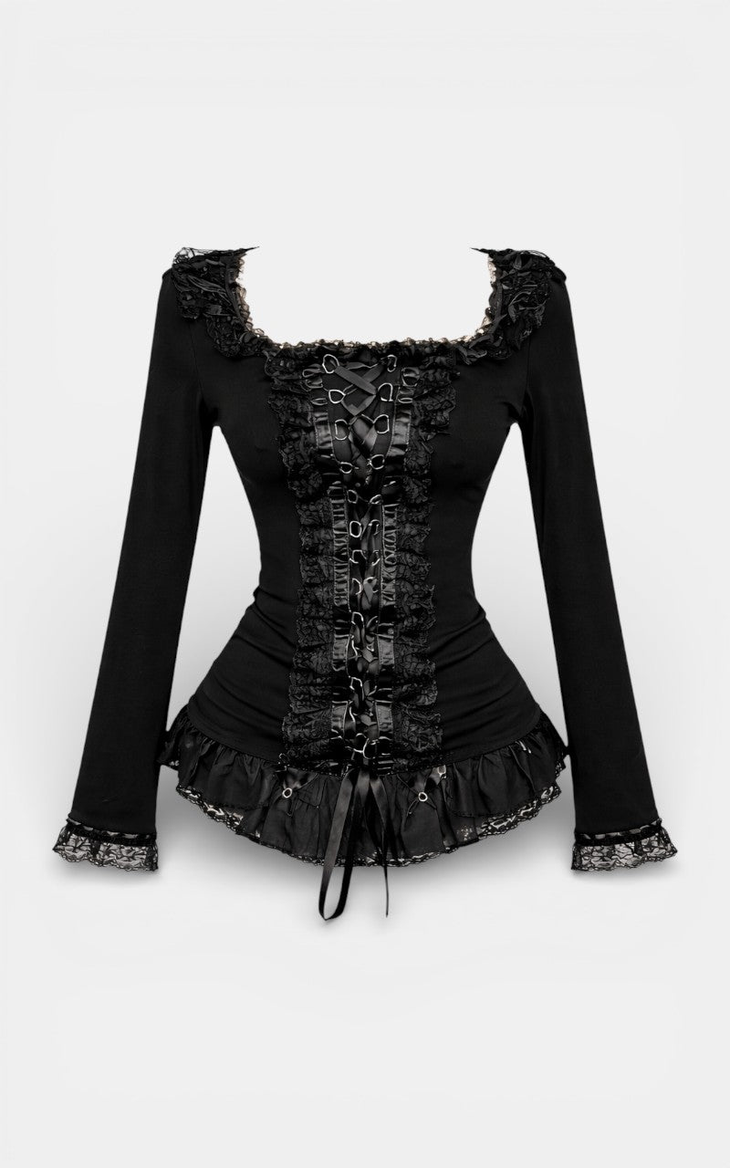 Dark Lace Patchwork Slim Long Sleeve Top