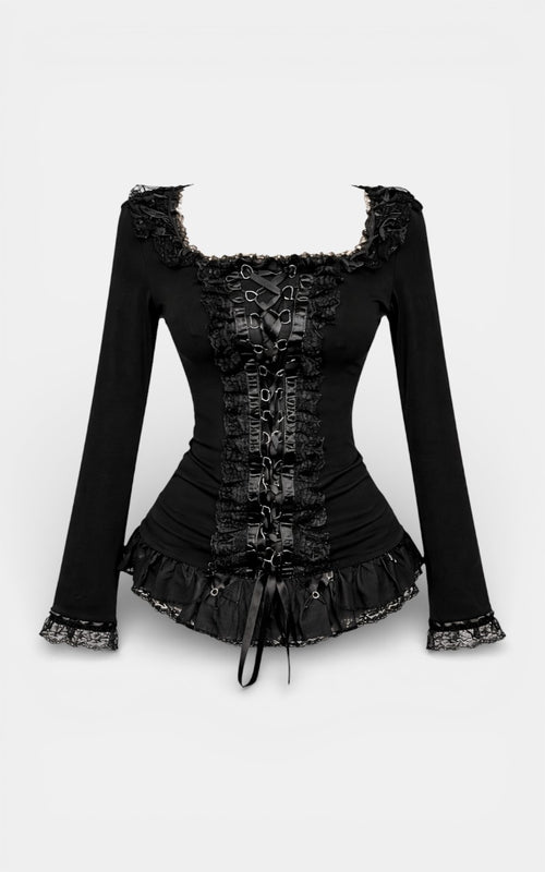 Dark Lace Patchwork Slim Long Sleeve Top