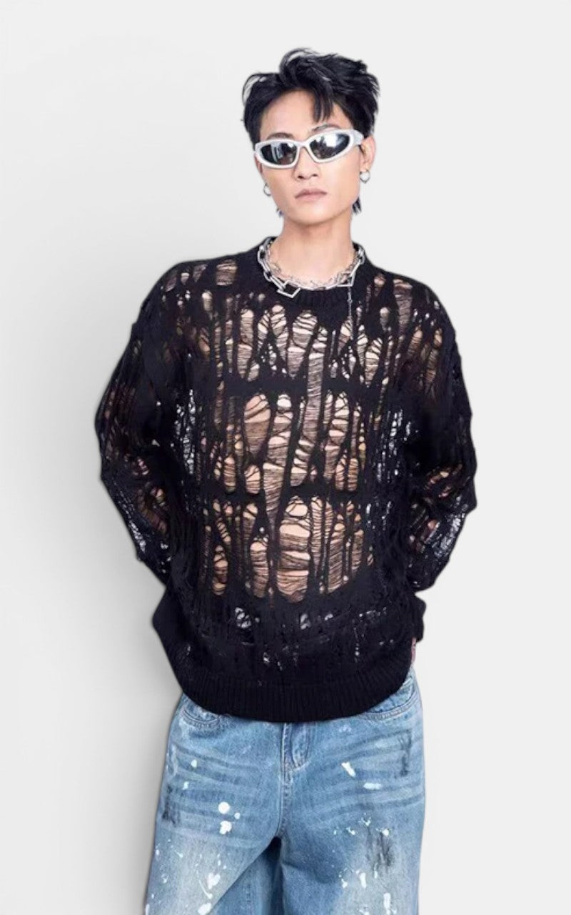 Distressed Mesh Knit Sweater
