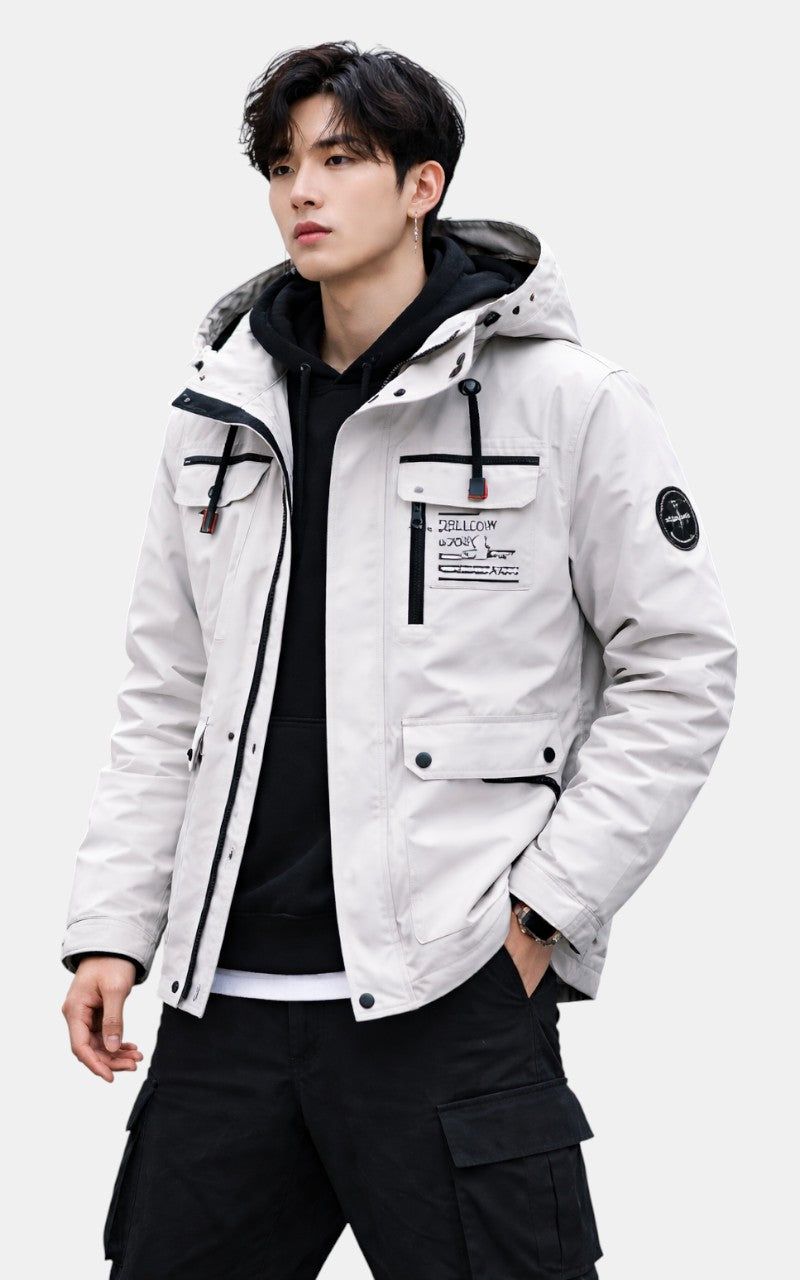 Casual Hooded Windbreaker Jacket – Waterproof Fleece-Lined Winter Coat White