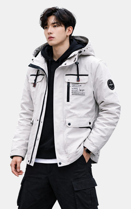 Casual Hooded Windbreaker Jacket – Waterproof Fleece-Lined Winter Coat White