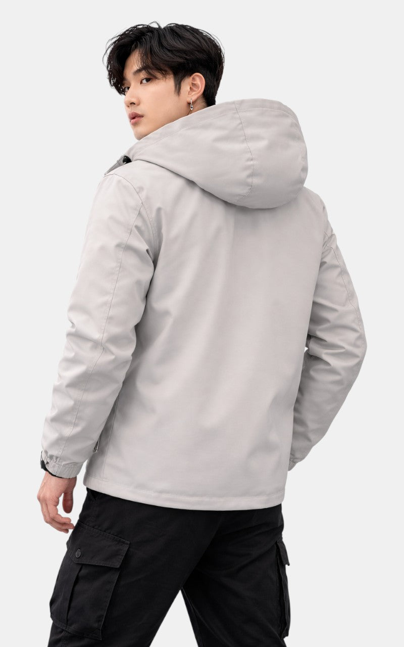 Casual Hooded Windbreaker Jacket – Waterproof Fleece-Lined Winter Coat White