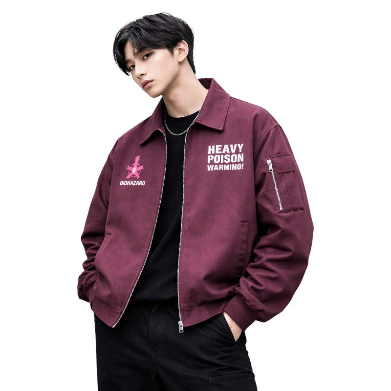 Men’s Washed Denim Work Jacket – Retro Letter Print Oversized Coat Burgundy