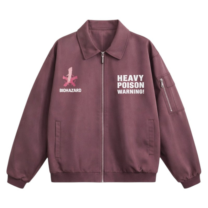 Men’s Washed Denim Work Jacket – Retro Letter Print Oversized Coat Burgundy..