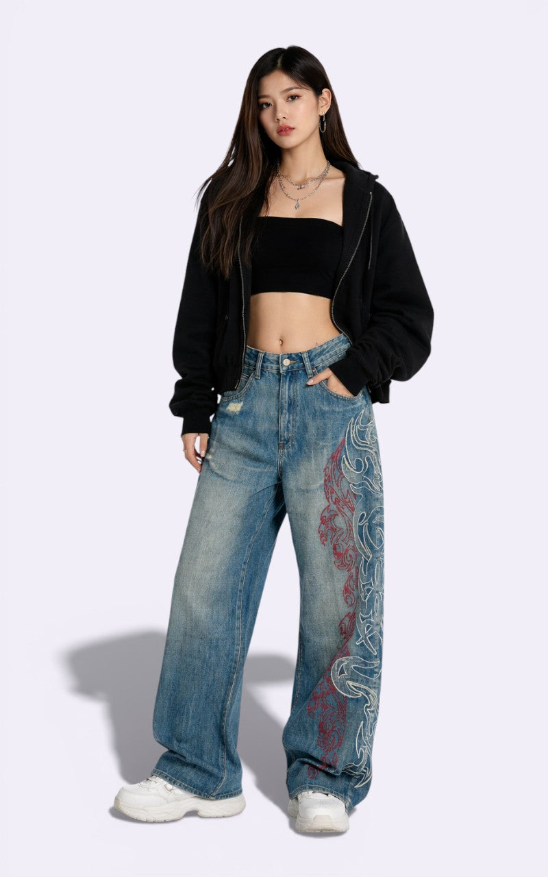 Y2K Embroidered Baggy Jeans