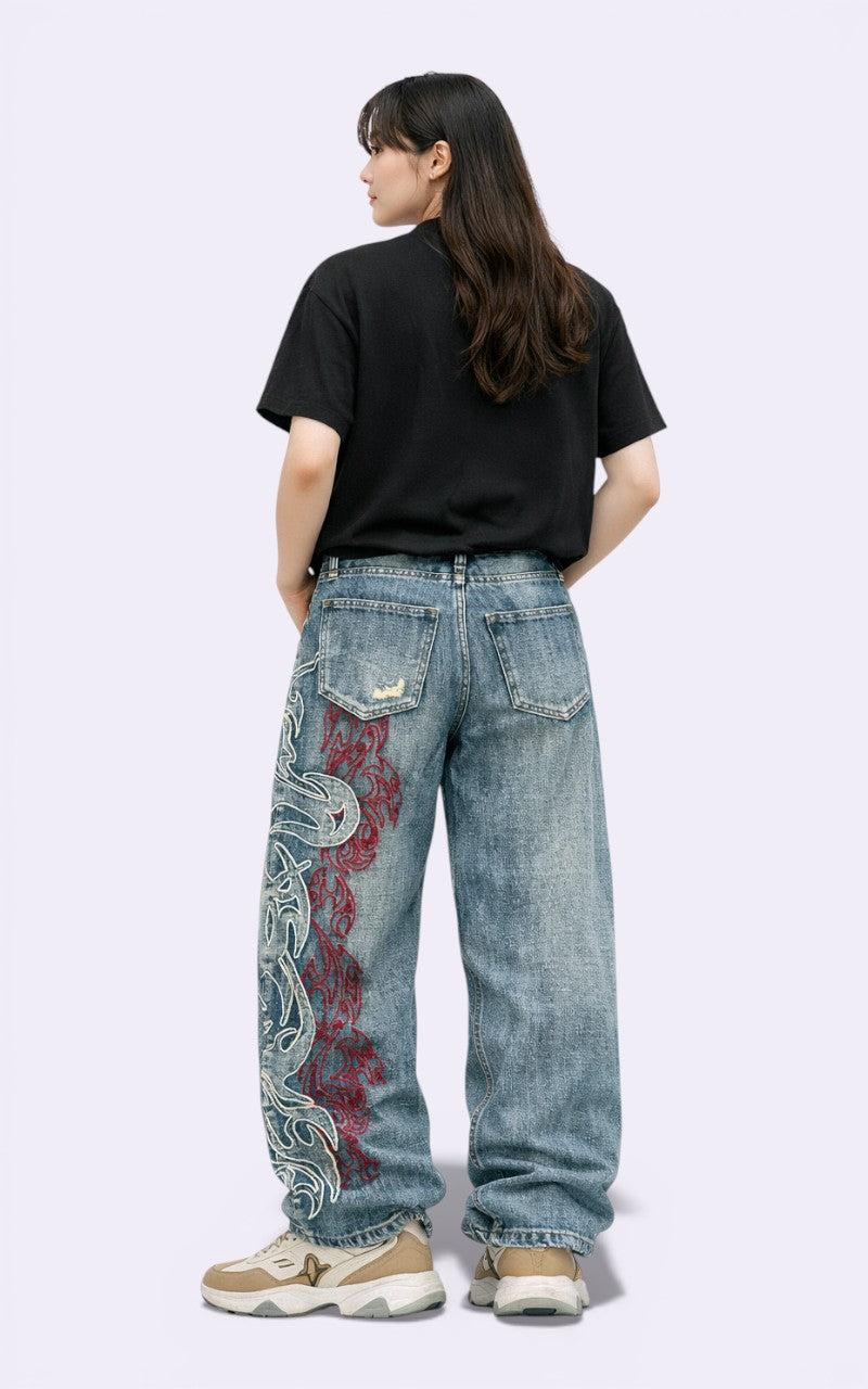 Y2K Embroidered Baggy Jeans