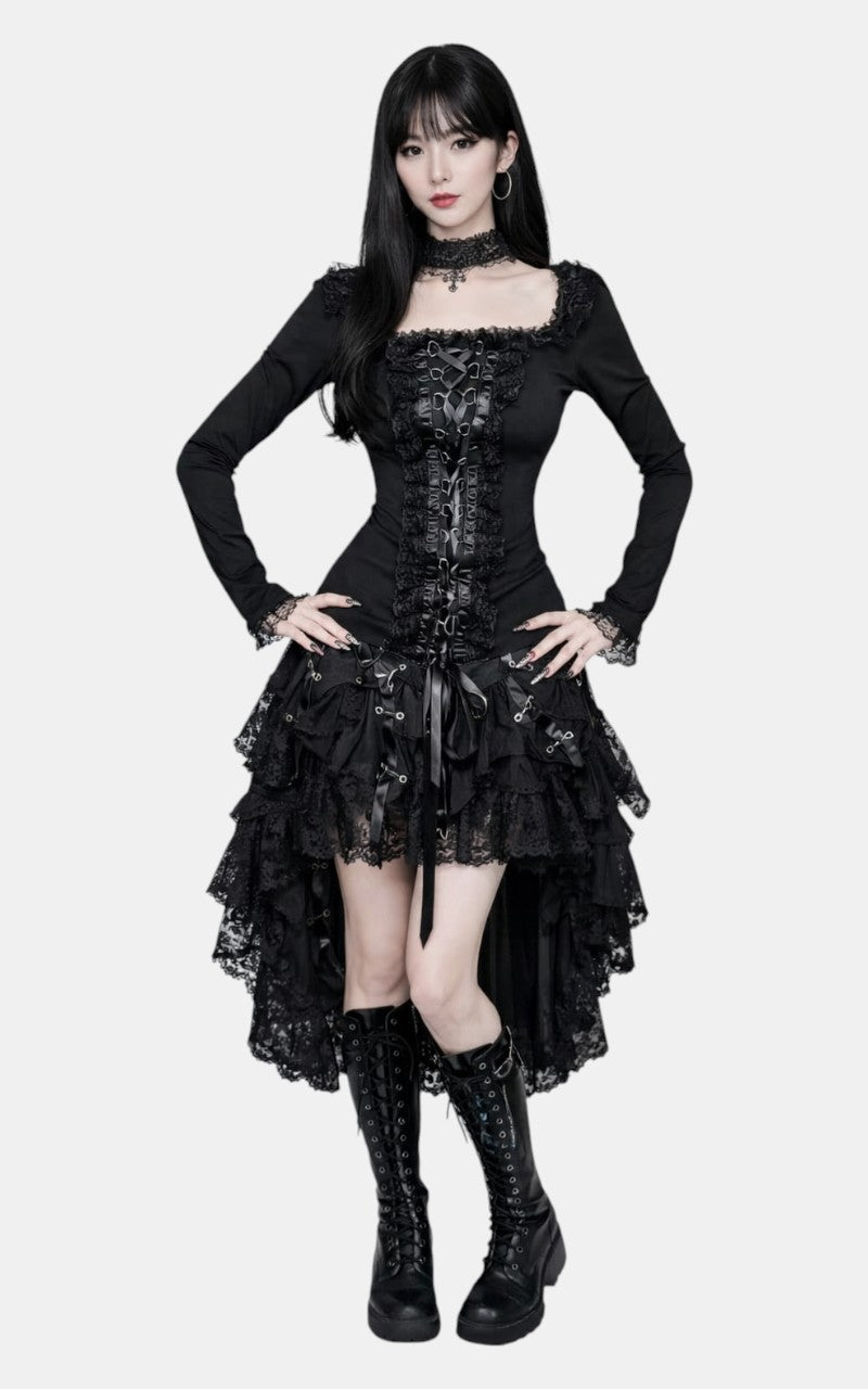 Dark Lace Patchwork Slim Long Sleeve Top